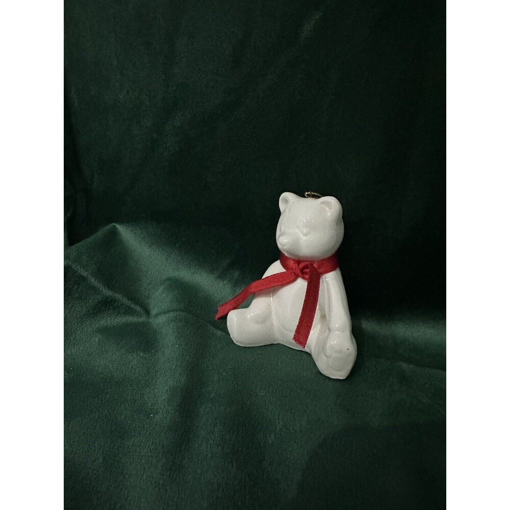 Dept 56 White Teddy Bear Bone China Red Ribbon Christmas Ornament VTG